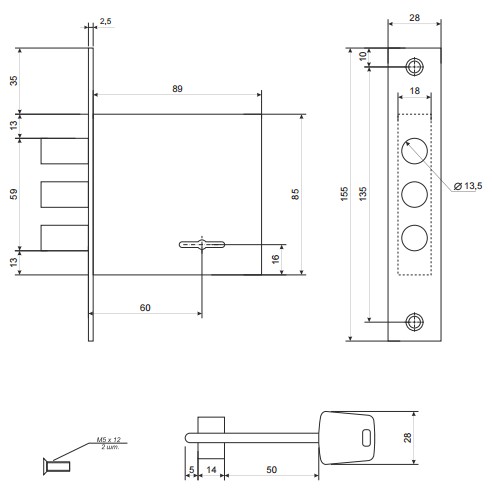 Замок врезной чертеж